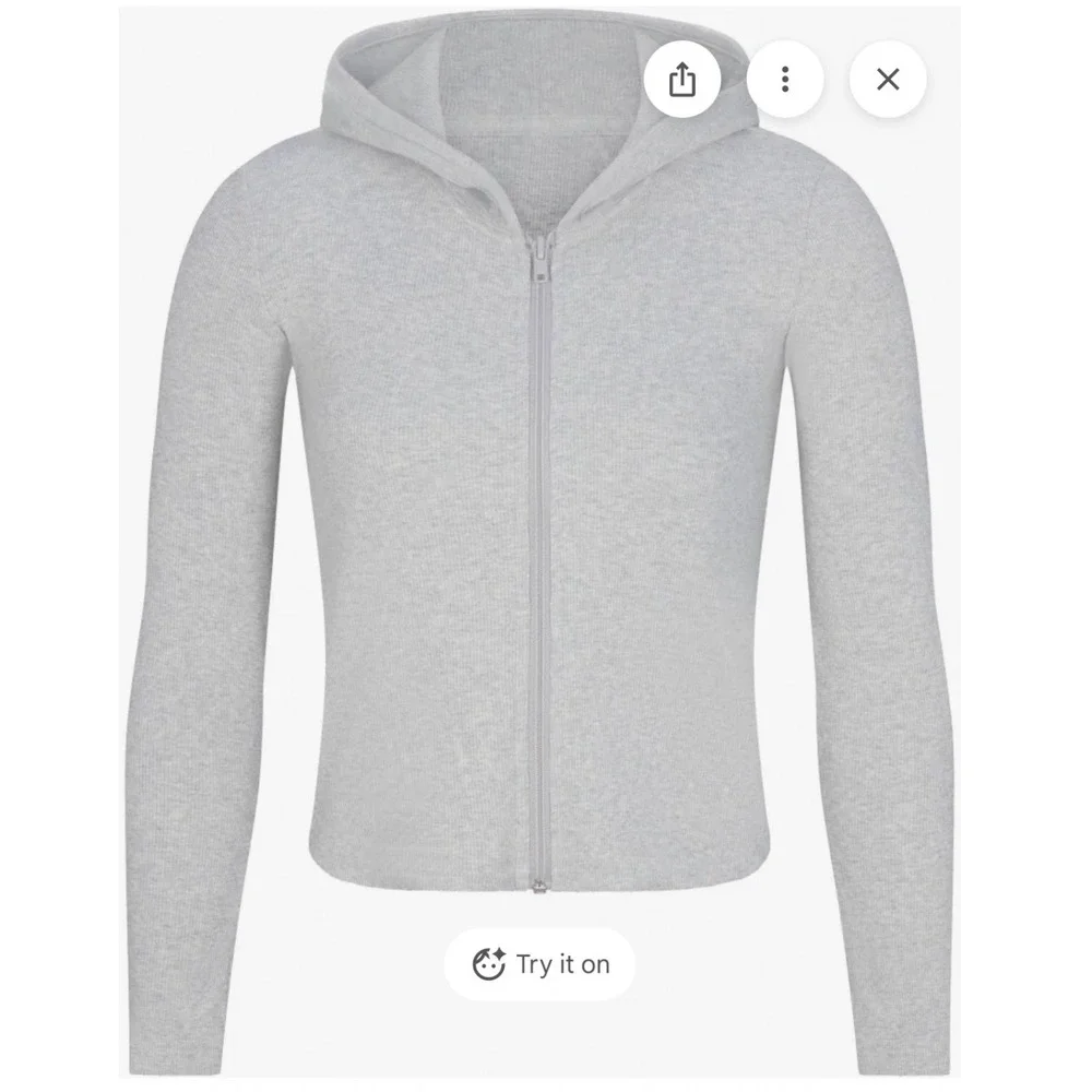 NEW Skims L Cotton Rib Zip Up Hoodie Light Heather Grey Womens NWT - Picture 2 of 8